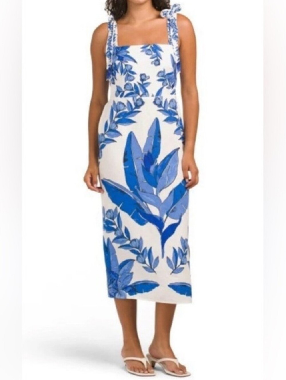 NWT Calypso St. Barth Linen Blend Smocked Back Midi Dress, XL, White & Blue - Picture 1 of 6